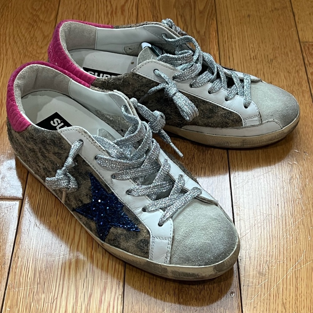Golden Goose low top glitter blue, leopard, pink, silver glitter laces, size 35